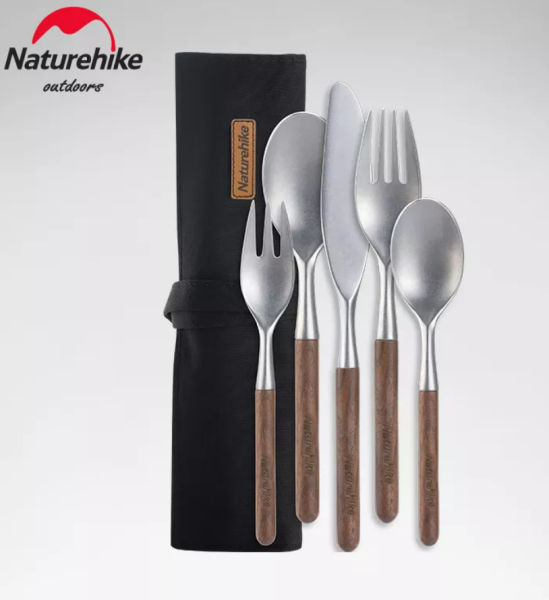 Набор столовых приборов Naturehike 5 в 1 (нож, 2 вилки, 2 ложки), нержавеющая сталь, орех, в чехле NH20CJ014-51